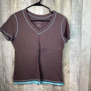 Nautica Sleepwear Size Small V-Neck Short Cap Sleeve Top Brown w/Blue St…